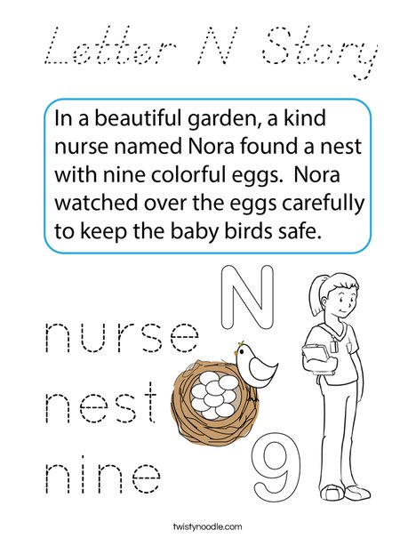 Letter N Story Coloring Page