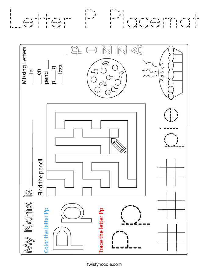 Letter P Placemat Coloring Page