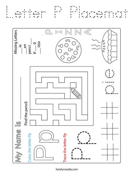 Letter P Placemat Coloring Page