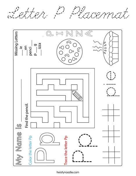 Letter P Placemat Coloring Page