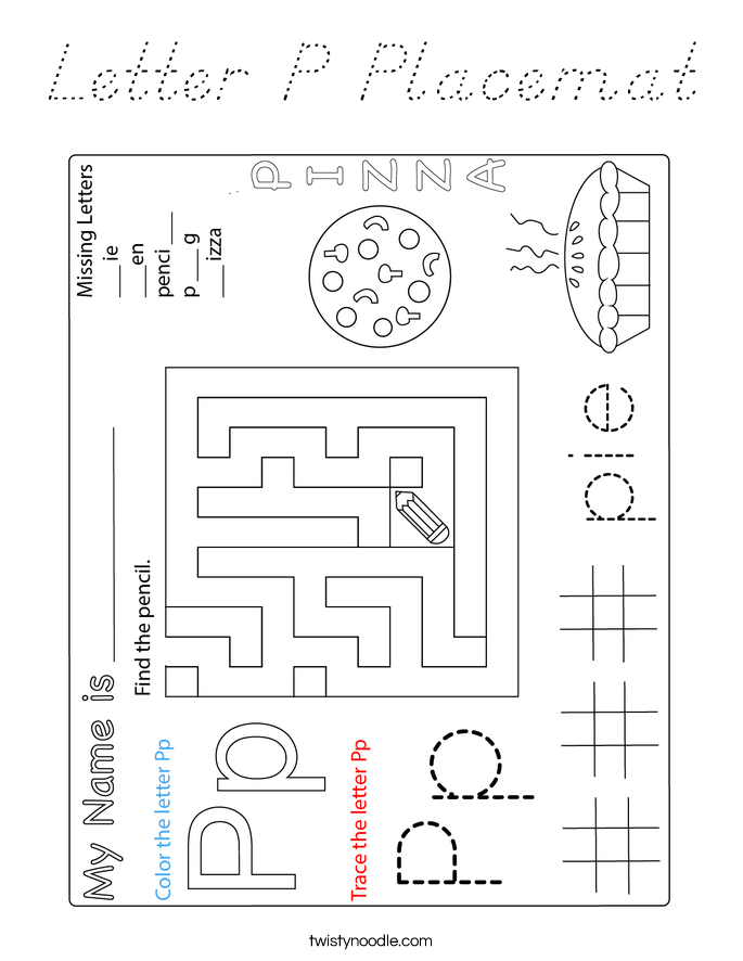 Letter P Placemat Coloring Page