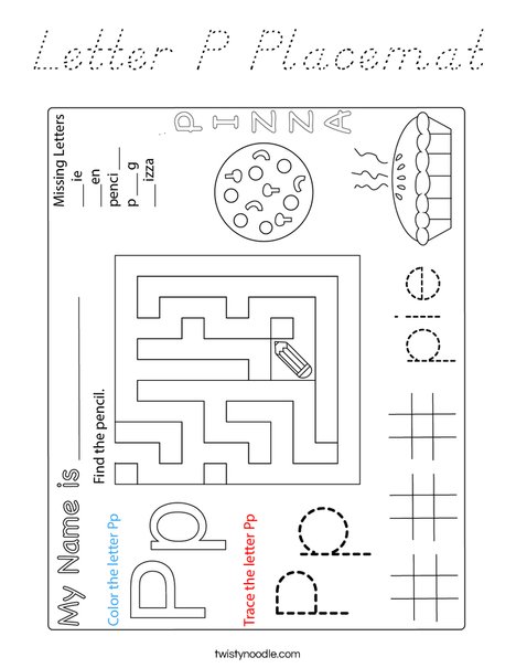 Letter P Placemat Coloring Page