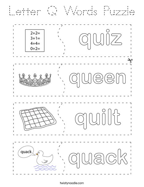 Letter Q Words Puzzle Coloring Page