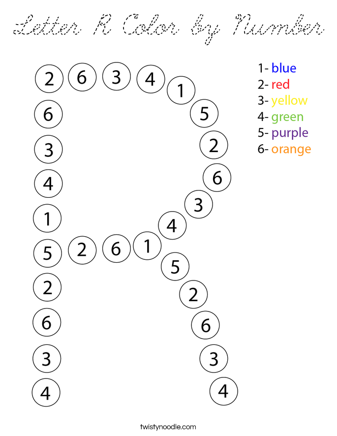 Letter r color by number coloring page cursive twisty noodle