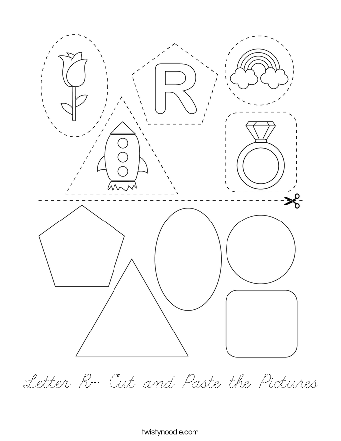 Letter R- Cut and Paste the Pictures Worksheet - Cursive - Twisty Noodle