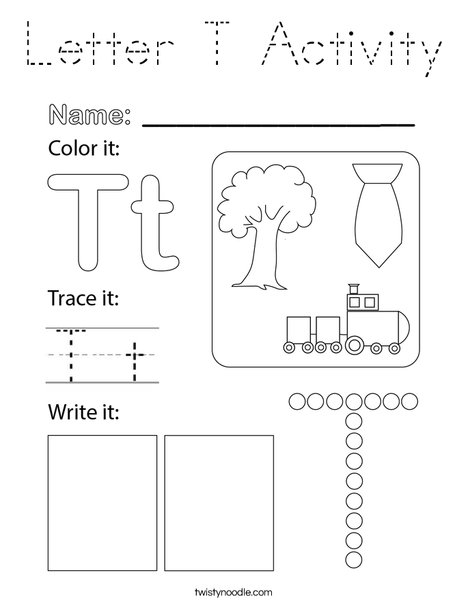 Letter T Activity Coloring Page - Tracing - Twisty Noodle