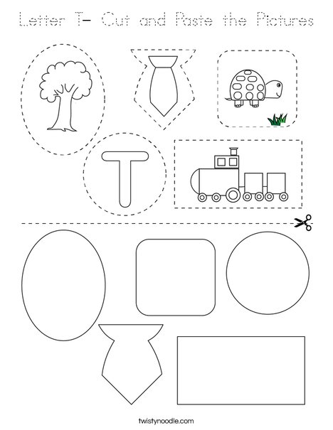 Letter T- Cut and Paste the Pictures Coloring Page