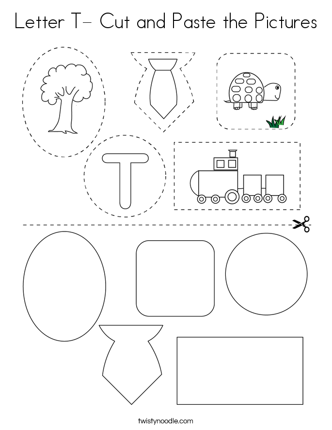 Letter T- Cut and Paste the Pictures Coloring Page
