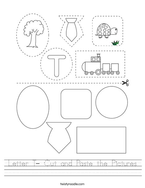 Letter T- Cut and Paste the Pictures Worksheet