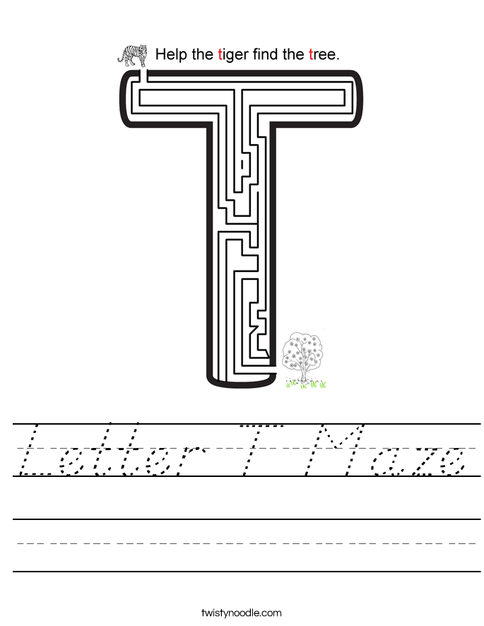 letter t maze worksheet dnealian twisty noodle