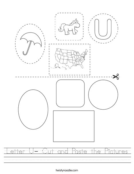 Letter U- Cut and Paste the Pictures Worksheet
