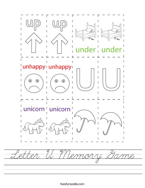 Letter U Memory Match Worksheet