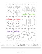 Letter U Memory Game Handwriting Sheet