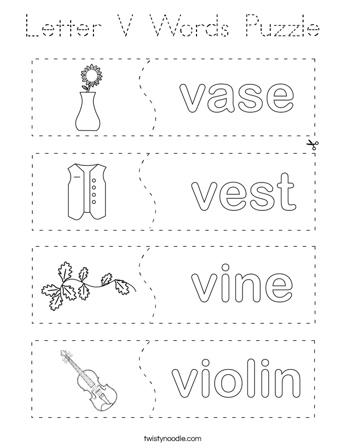 Letter V Words Puzzle Coloring Page