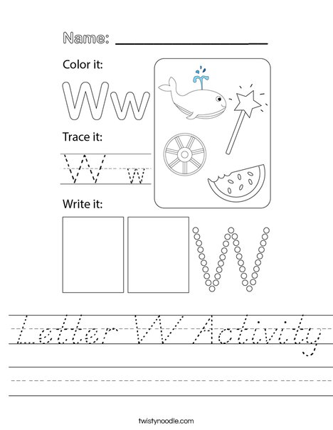 Letter W Activity Worksheet - D'Nealian - Twisty Noodle