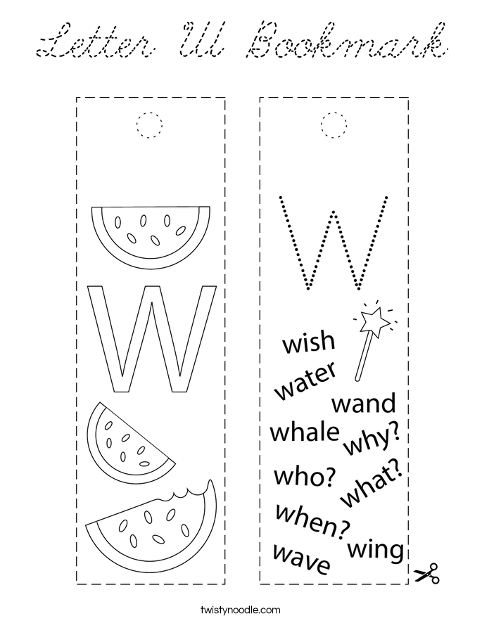 Letter W Bookmark Coloring Page - Cursive - Twisty Noodle
