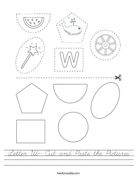 Letter W- Cut and Paste the Pictures Worksheet - Cursive - Twisty Noodle