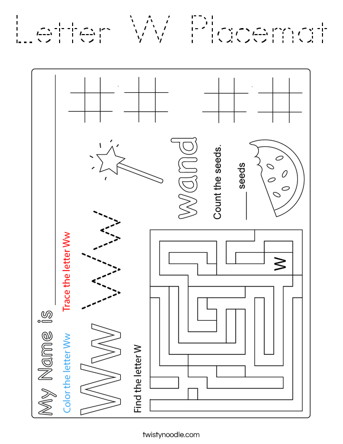 Letter W Placemat Coloring Page