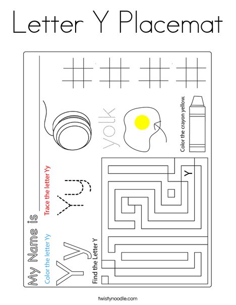 Letter Y Placemat Coloring Page