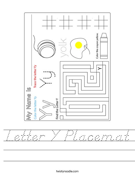 Letter Y Placemat Worksheet