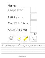 Letter Y Sentences Handwriting Sheet
