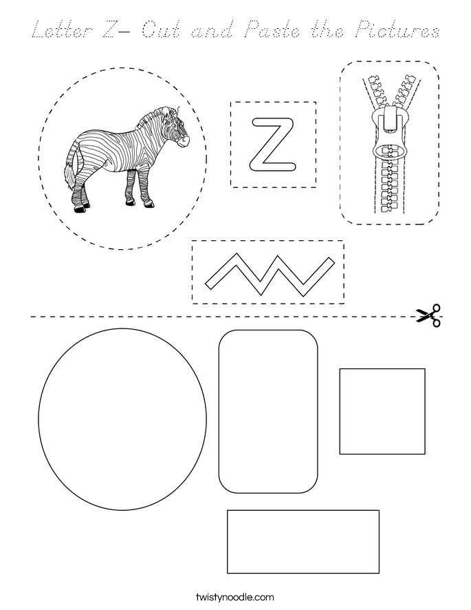 Letter Z- Cut and Paste the Pictures Coloring Page