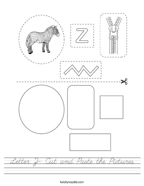 Letter Z- Cut and Paste the Pictures Worksheet