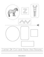 Letter Z- Cut and Paste the Pictures Handwriting Sheet