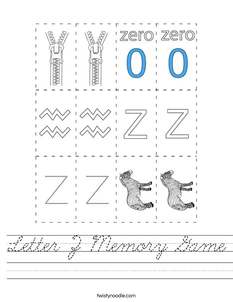 Letter Z Memory Game Worksheet
