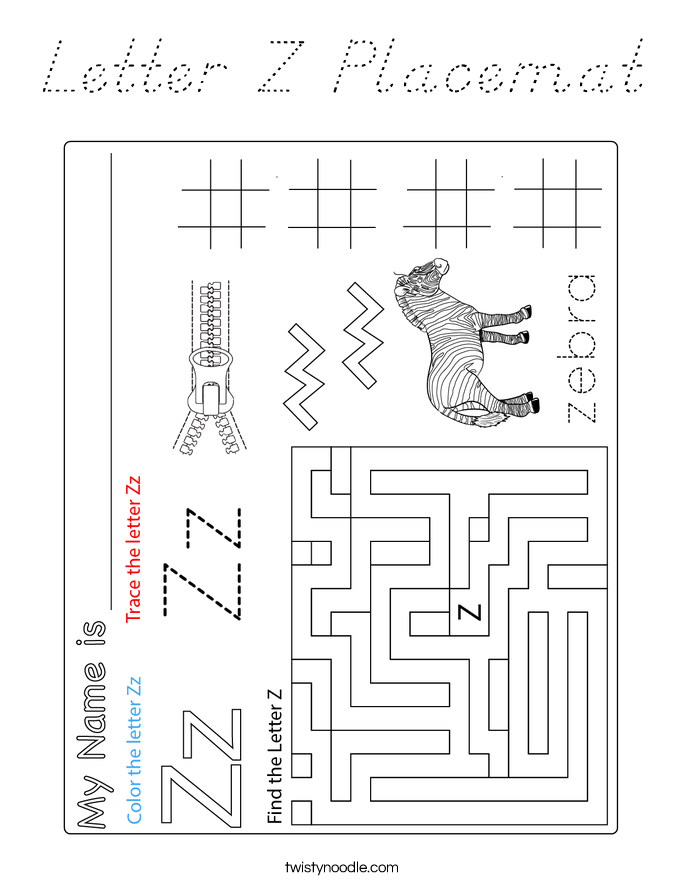 Letter Z Placemat Coloring Page