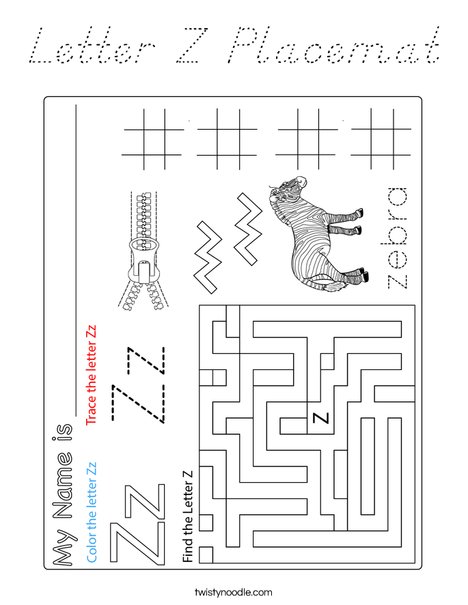 Letter Z Placemat Coloring Page
