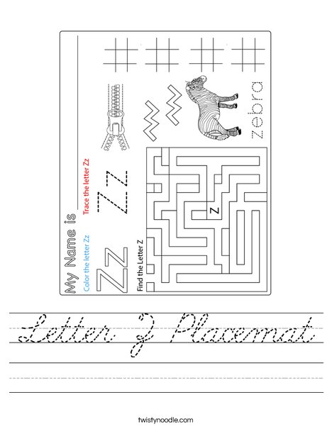 Letter Z Placemat Worksheet