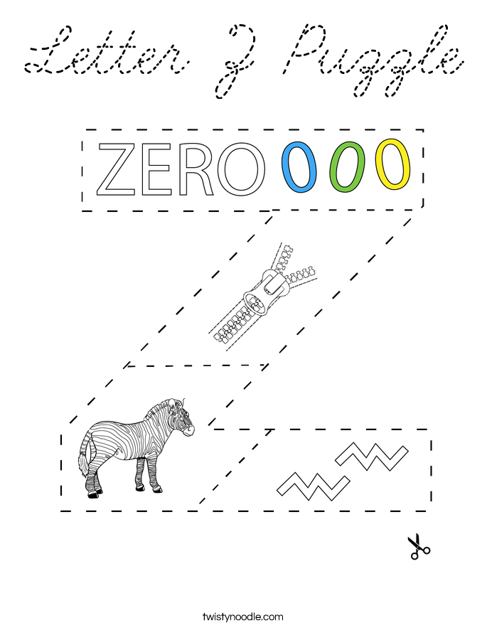 Letter Z Puzzle Coloring Page - Cursive - Twisty Noodle