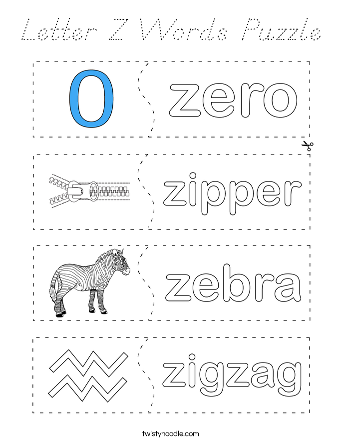Letter Z Words Puzzle Coloring Page