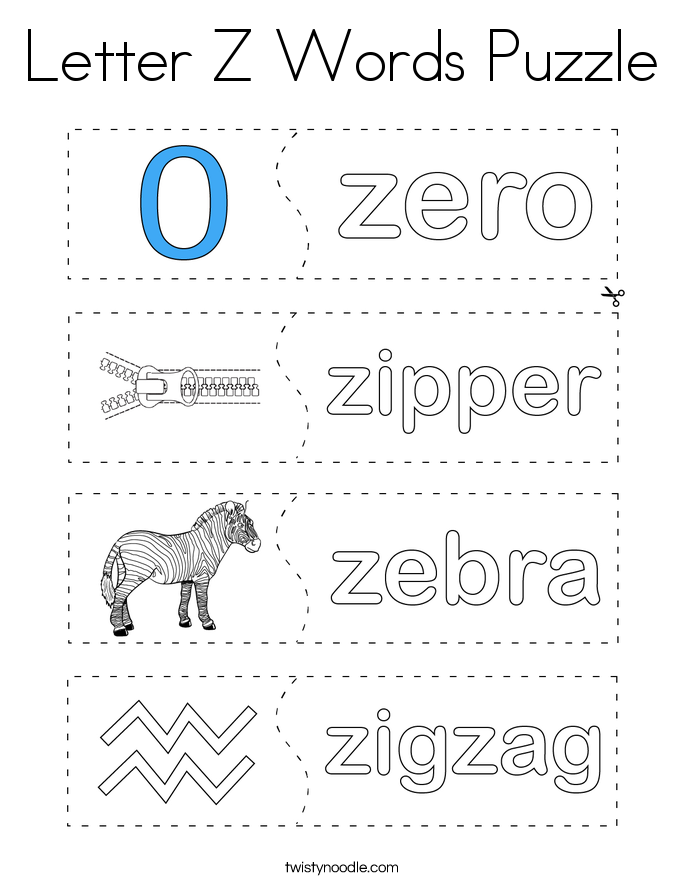 Letter Z Words Puzzle Coloring Page