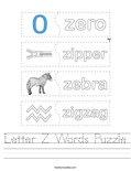Letter Z Words Puzzle Worksheet