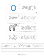 Letter Z Words Puzzle Handwriting Sheet