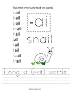 Long a (-ai) words Handwriting Sheet