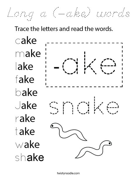 Long a (-ake) words Coloring Page