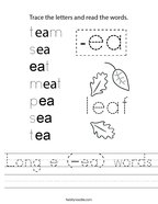 Long e (-ea) words Handwriting Sheet