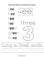 Long e (-ee) words Handwriting Sheet