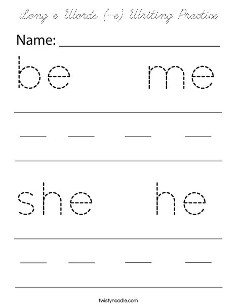 Long e Words (-e) Writing Practice Coloring Page