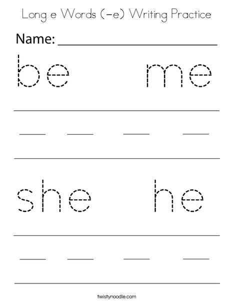Long e Words (-e) Writing Practice Coloring Page