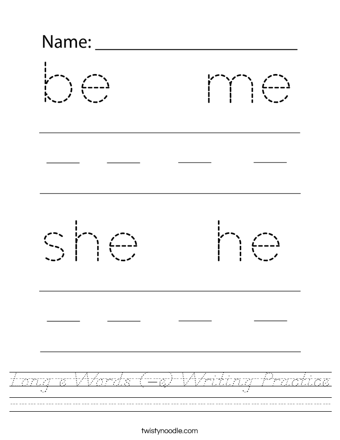 Long e Words (-e) Writing Practice Worksheet