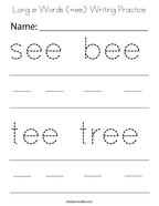 Long e Words (-ee) Writing Practice Coloring Page