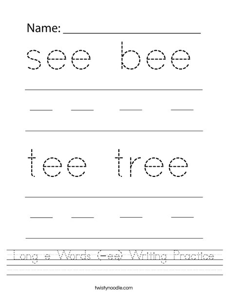 Long e Words (-ee) Writing Practice Worksheet