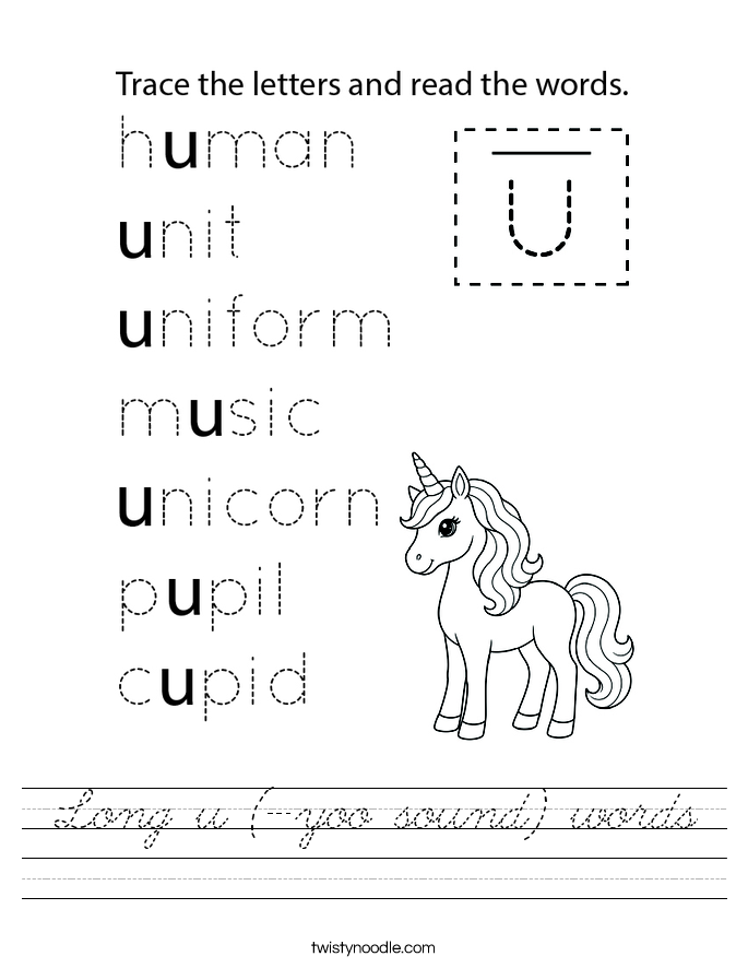 Long u (-yoo sound) words Worksheet