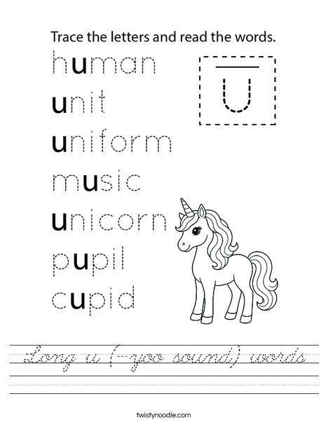 Long u (-yoo sound) words Worksheet