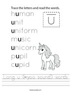 Long u (-yoo sound) words Handwriting Sheet