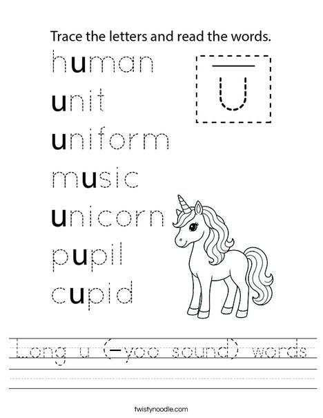 Long u (-yoo sound) words Worksheet